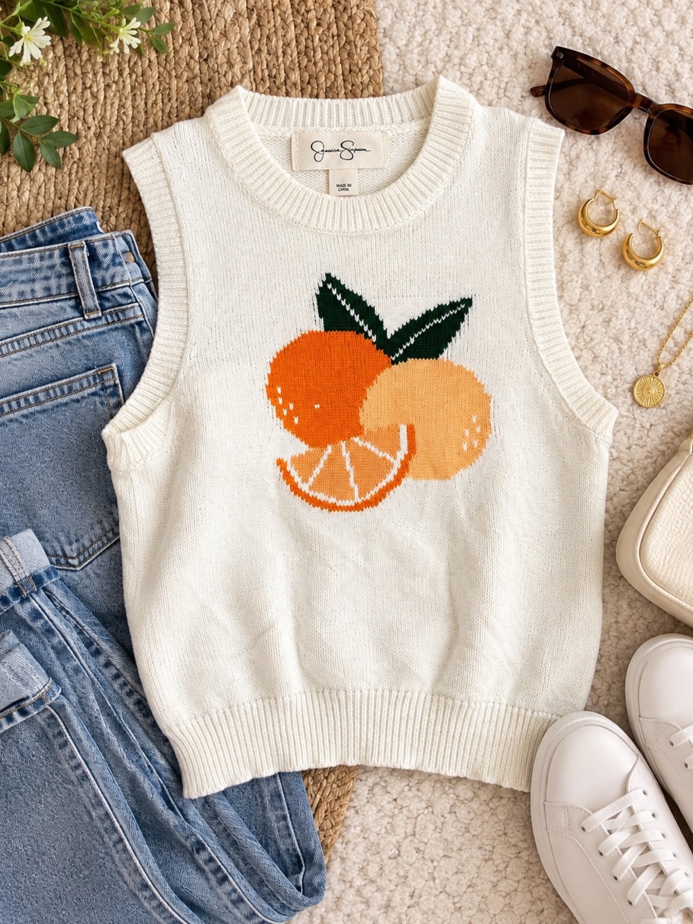 Cream Sweater Vest with Orange Fruit Motif -